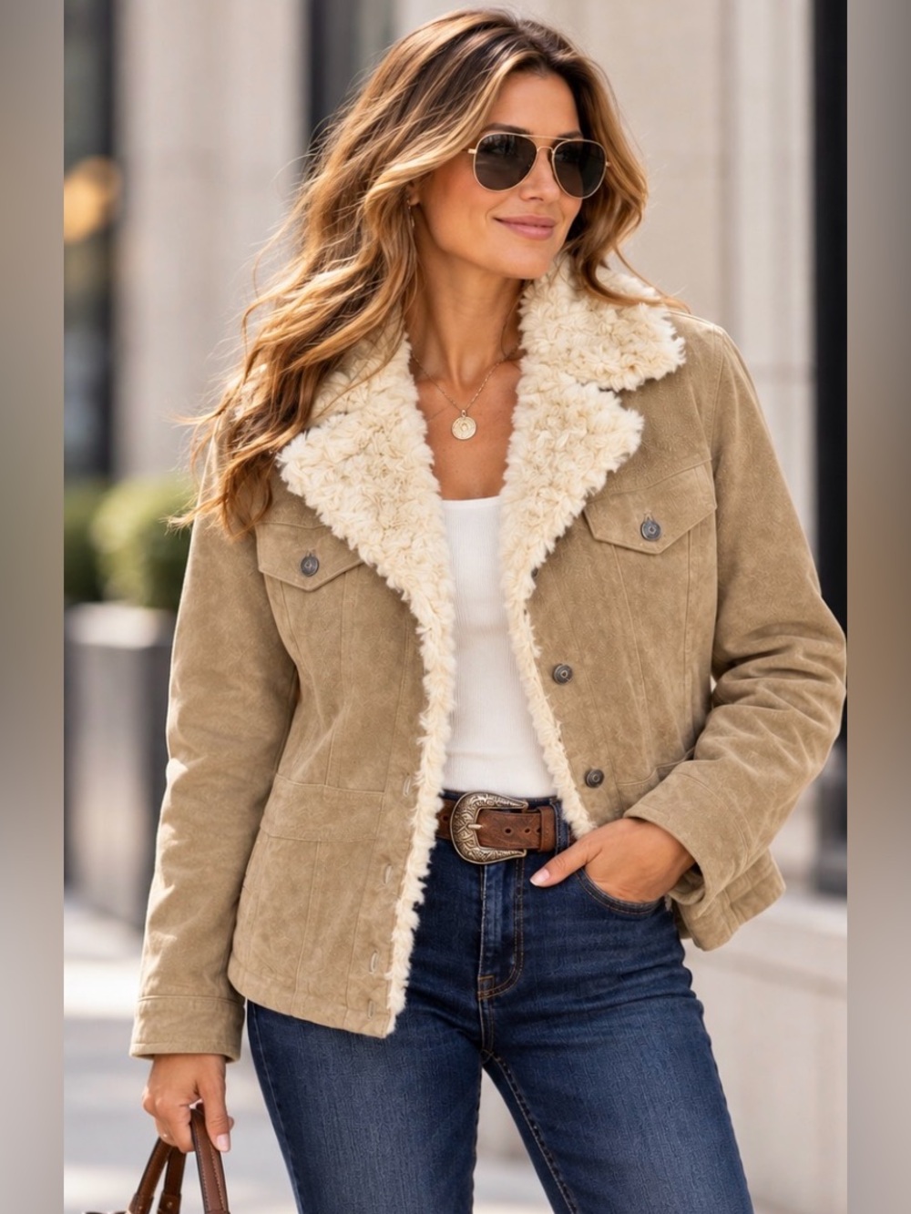 Wilsons Maxima Sherpa-Lined Suede Jacket Tan Sz Medium Western Cowgirl Everyday